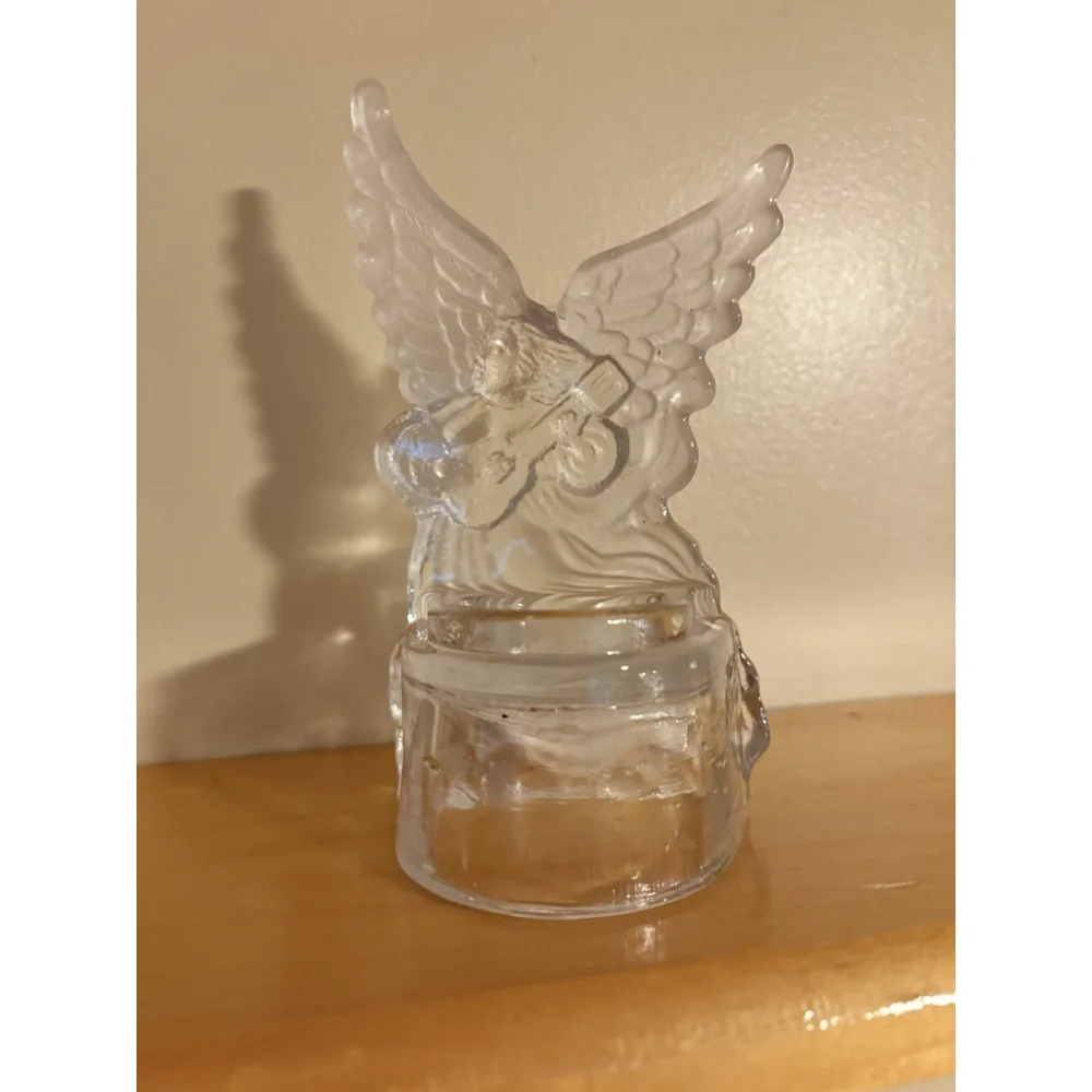 Vintage Frosted Glass Angel Tealight Candle Holder Musician Wings Figurine 6”